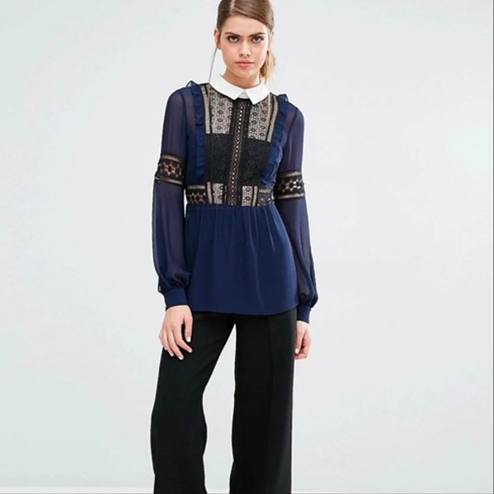 Self Portrait London Georgette And Guipure Lace Blouse Navy Size 4 - Picture 1 of 9